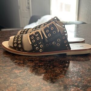 Sol Sana Tan and Black Sandals with Buckle Accents